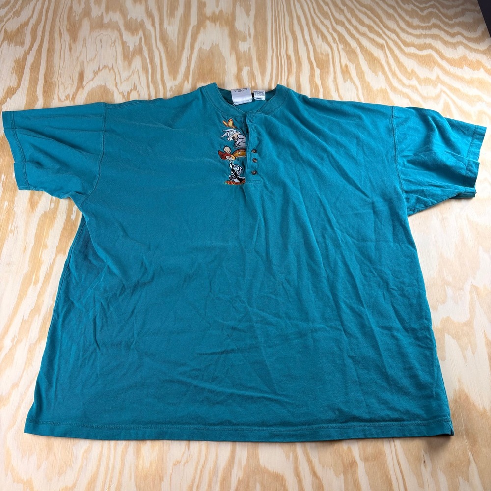 Vintage Mickey Inc Disney Bambi Thumper Flower Henley Shirt Teal Blue 3XL Cotton